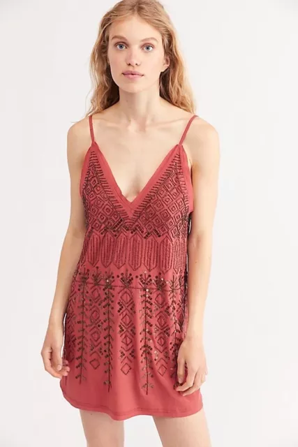 Free People Arizona Nights Slip Dress XS Copper Beaded Sequin Boho V-neck Mini