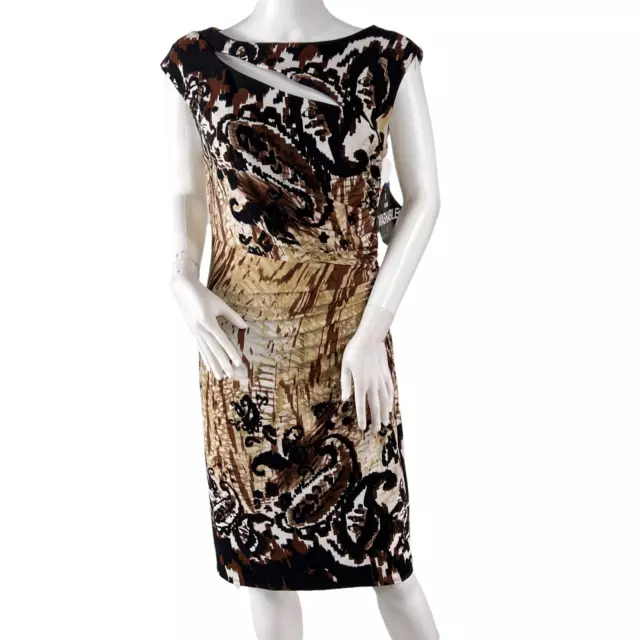 RM Richards Vintage Cut Out Brown Abstract Cap Sleeve Sheath Dress 8 Petite