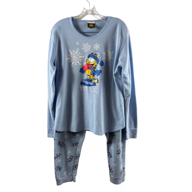 Vintage Garfield Mmm...Flakey Winter Snowflake Pajama Set Womens XL Light Blue