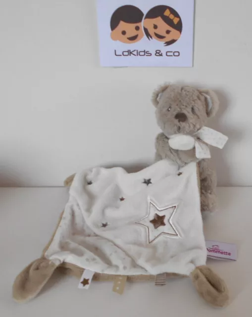 DOUDOU PELUCHE POMMETTE OURS MOUCHOIR BLANC BEIGE ETOILES 30 cm - D599