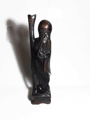 Vintage Beech Wood Hand carved Figurine Chinese Old Man Standing Holding Cane