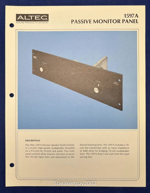 VINTAGE ALTEC LANSING Spec Sheet / 1597A Passive Monitor Panel £10.28 ...