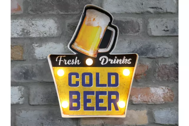 Vintage Style Light Up  Cold Beer Sign Metal Yellow Bar Area / Man Cave Gift