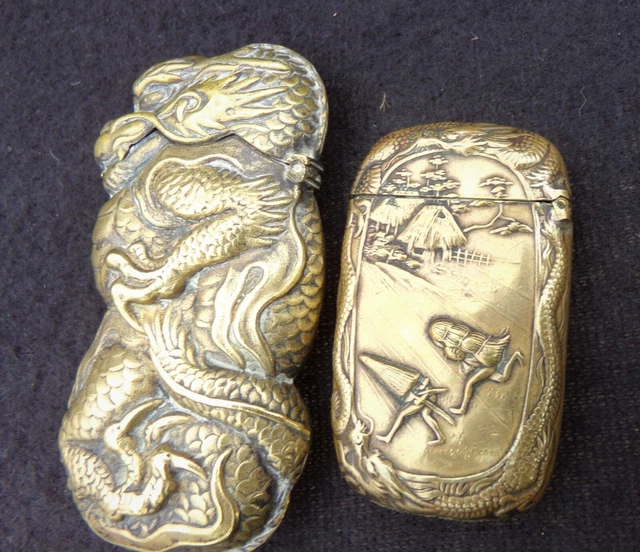 Antique Japanese, Chinese, Asian Bronze Match Safes Dragon 19th Century