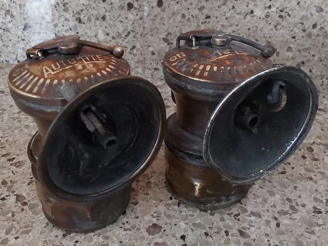 2 - Antique Auto Lites Brass Coal Miner Carbide Head Lights, Universal Lamp Co.