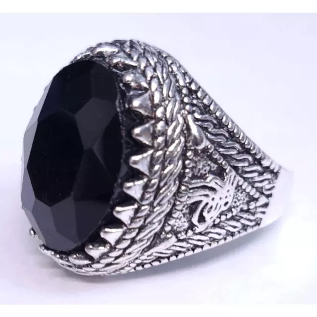 Ring 11.5 Silvertone Black Oval Stone Cabachon Chunky Detailed Mens Womens New