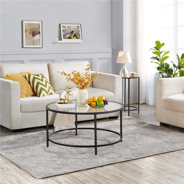 Round Modern Glass-Top Coffee Table, Black