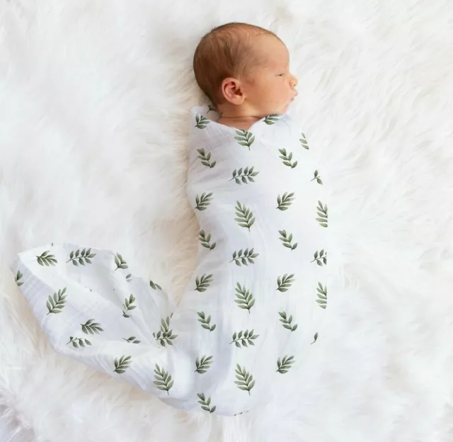 Green Leaves Luxury Organic Bamboo Unisex Baby Muslin Swaddle Blanket Cloth