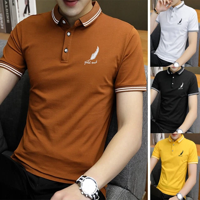 Men Short Sleeve Button Neck Lapel Tops Casual Tee Plain Summer Collared T-Shirt