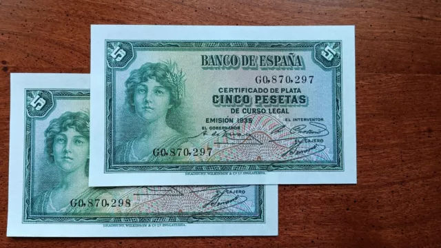 Dos billetes correlativos 5 pesetas 1935, serie G, NO CIRCULARON SC