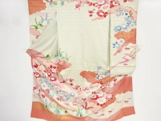 80131# Japanese Kimono / Antique Furisode / Embroidery / Shibori / Cloud & F