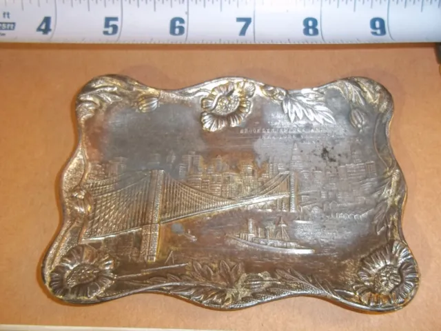 RARE! antique Brooklyn Bridge metal stamped PLATE TRAY ASHTRAY ? Japan 4" x 3"