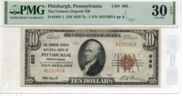 $10 National Bank Note Fr#1801-1 1929 T1 CH#685 Pittsburgh VF30 EPQ