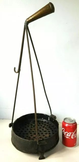Early Antique Hand Wrought Iron Steamer Pot Roaster Pan Copper Handle Hearthware