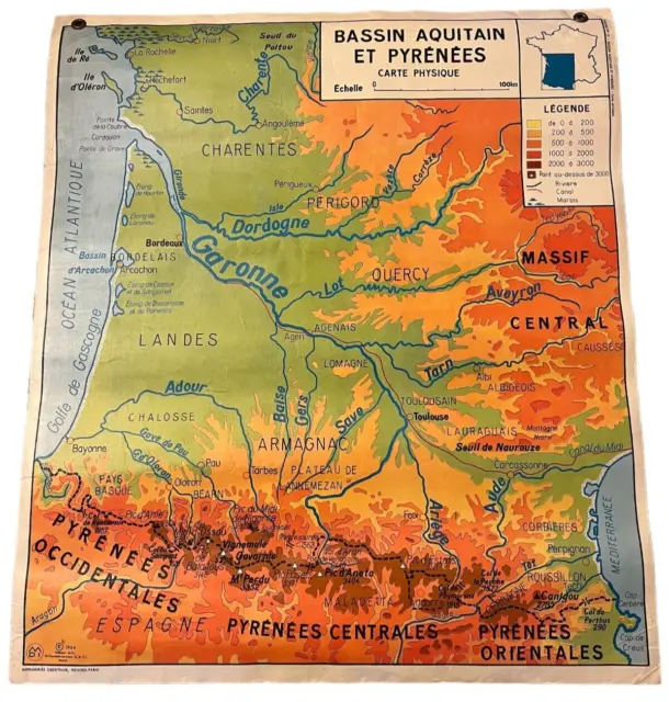 School Map France 1964 Double-sided Bassin Aquitain et Pyrenees / Alpes-Jura VTG