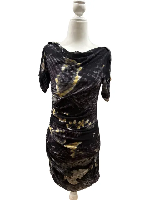Vintage Vivienne Tam Bodycon Dress Snake Print Ruched Knee Length Black M