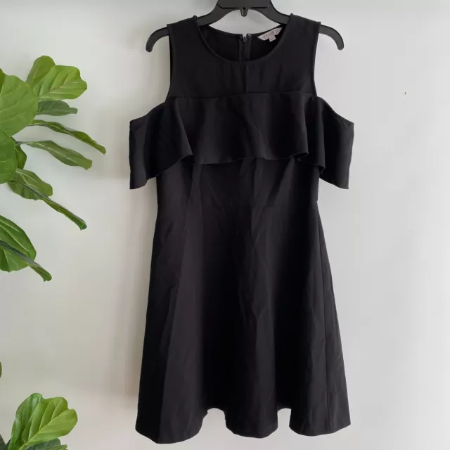 Nanette Lepore Dress 10 Black Sheath Short Sleeve Cold Shoulder Formal Ruffle