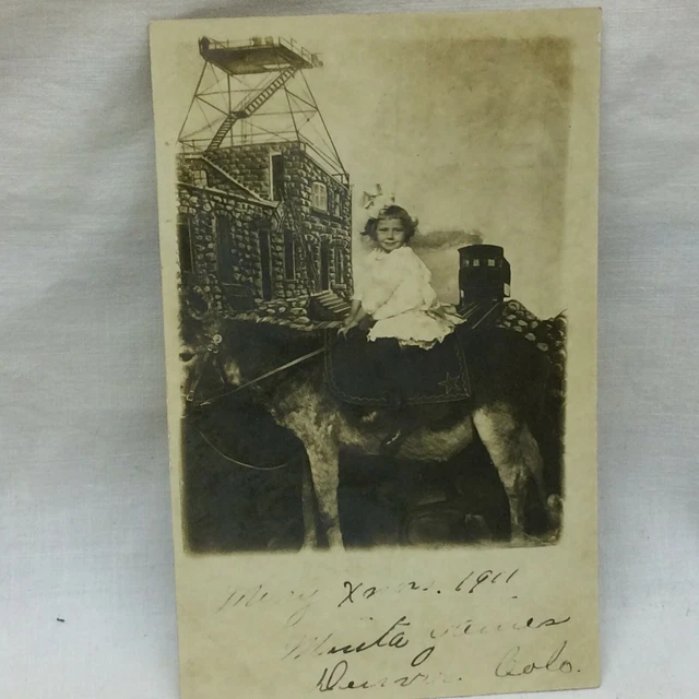 Vintage Real Photo Postcard Girl On Donkey Fort Christmas Greeting Scene X-mas