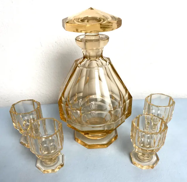 Art Deco Bohemian Moser Liquor Decanter with Four Glasses Uranium Vaseline Glass 2