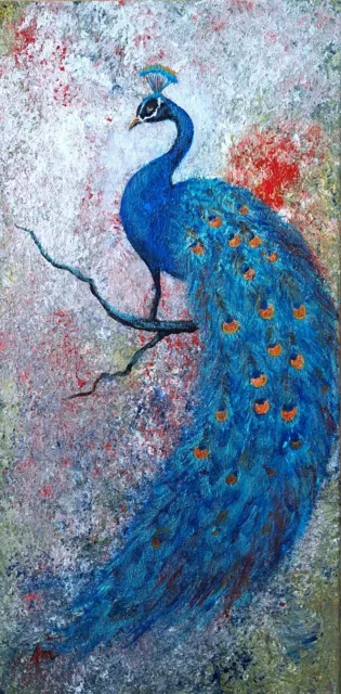 Pfau Blau Gemälde 30x60 cm Vögel Tierwelt Kunst Original Unikat