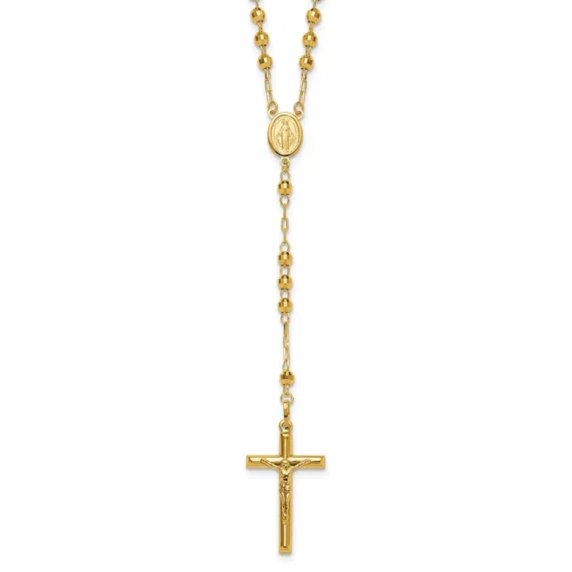Real 14K Yellow Gold Diamond-cut 4mm Beaded Semi-solid Rosary 24 inch Necklace