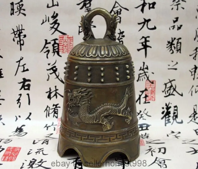 Chinese Tibet Monastery Bronze Copper carving Dragon Buddhism Bell Statue