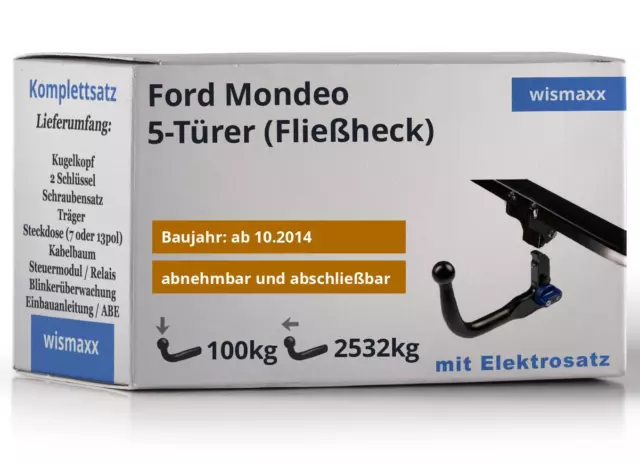 ANHÄNGERKUPPLUNG vert. abnehmbar für Ford Mondeo CE ab 14 +7pol E-Satz ECS