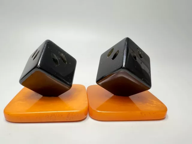 Pair Art Deco Butterscotch Jet Bakelite Catalin Appetizer Fork Cube Stand Holder