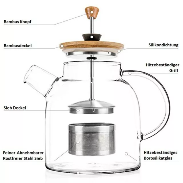 56% Rabatt B-Ware Naturic Teekanne aus Glas mit Sieb 1,6 L Hitzebeständiges Glas 3