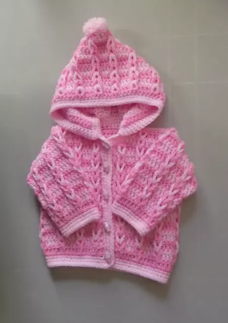 New Hand Crochet/Knit Baby Girls Pink Hooded Cardigan Fit 6-9 Months