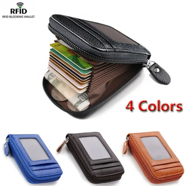 Men's Wallet Real Leather Credit Card Holder RFID Blocking Zipper Thin Pocket