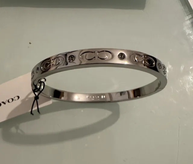 Coach Signature Hinged Silver Plated Metal Bangle New Without Box