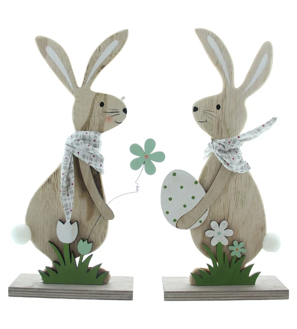 Lepre " Osterfreude ", 2er Set Coniglio di Pasqua su Base Legno, Decorazione IN