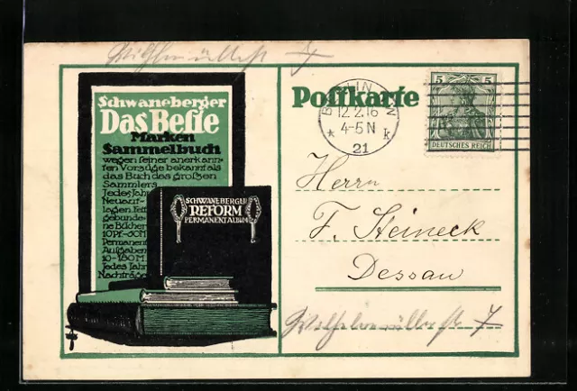 Ansichtskarte Schwaneberger Marken Sammelbuch, Postgeschichte 1916
