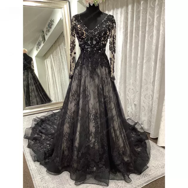Gothic Black Wedding Dress Long Sleeve V Neck Lace Appliques A Line Bridal Gowns