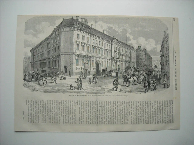 GRAVURE 1872. PARIS. NOUVELLE FACADE DE LA BANQUE DE France, RUE CROIX-DES-PETIT