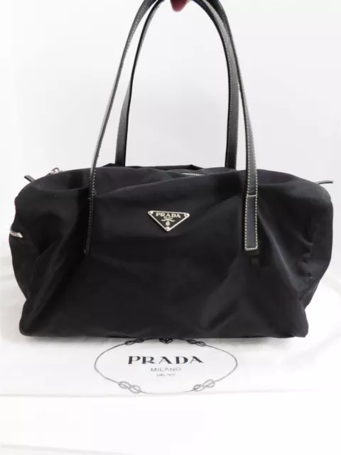 Prada Black Tessuto Nylon Saffiano Leather Large Small Duffle Bag Italy