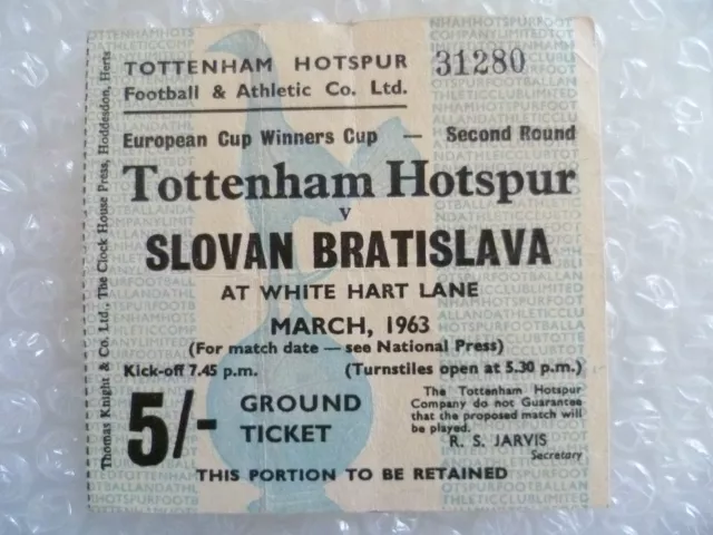 1963 Ticket Tottenham Hotspur v Slovan Bratislava (European Cup Winners Cup)RARE