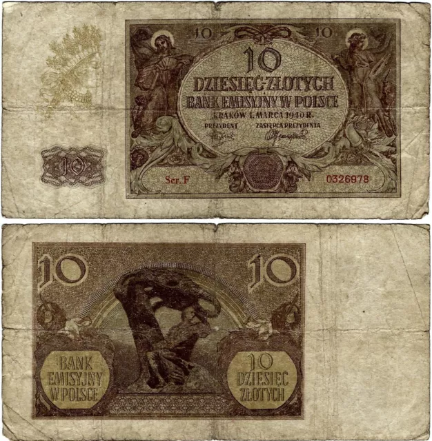 Polen Banknote 10 Złotych 1940 EMISSION BANK IN POLAND ZWK-29a Ro. 574a  P-94