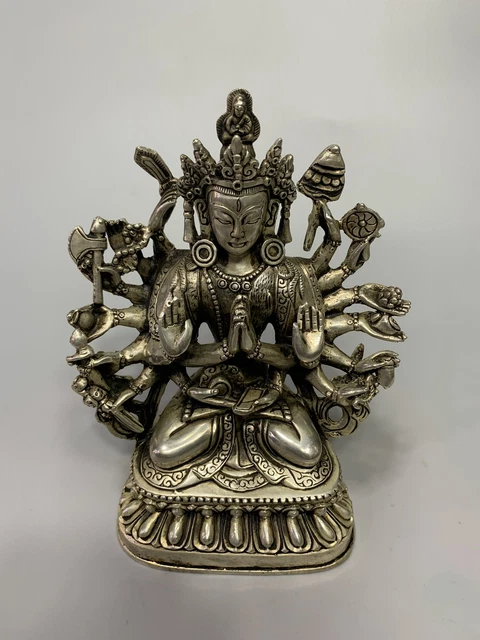 Chinese Antique White Bronze Thousand-Handed Goddess of Mercy Statue Decoration