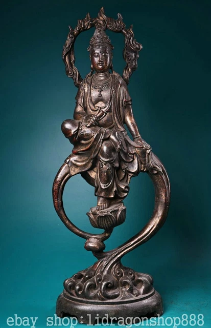 20" Old Chinese Copper Gilt Buddhism Kwan-yin Guan Yin Goddess Statue Sculpture