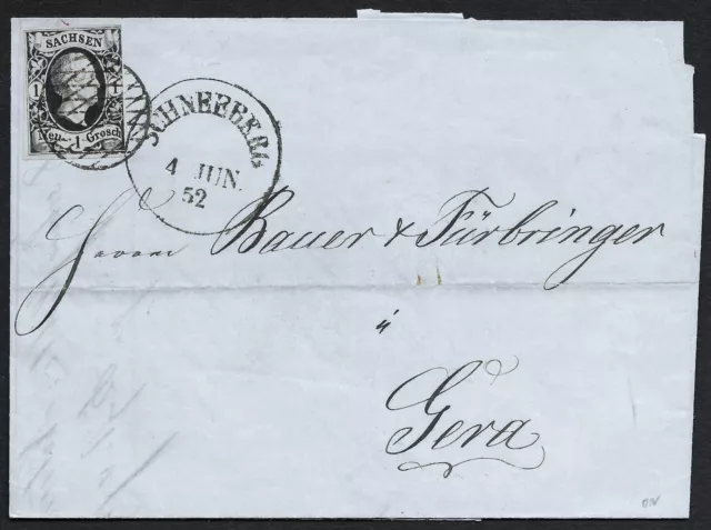 Sachsen 1851 _ Faltbrief Schneeberg - Gera frankiert mit 1 Ngr. (MiNr. 4)