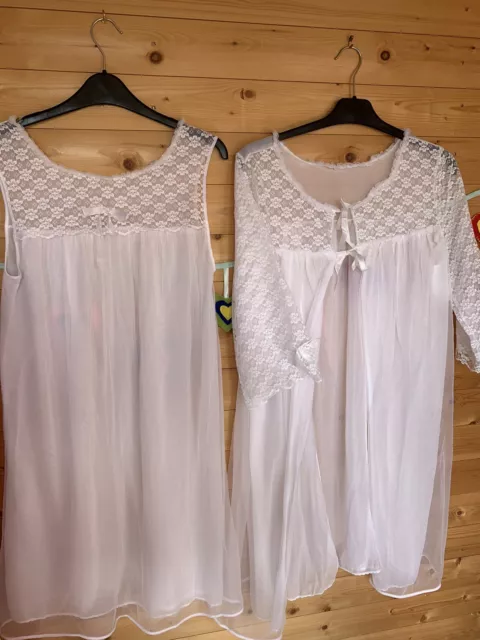 Set camicia da notte bianca in nylon vintage anni '70 negligee doppio strato lingerie