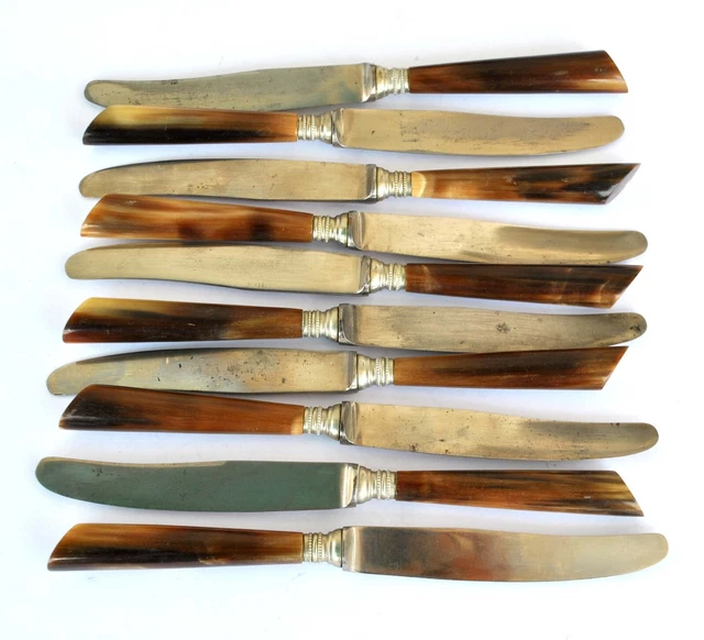 Lot de 10 couteaux ancien en corne et acier - virole perle