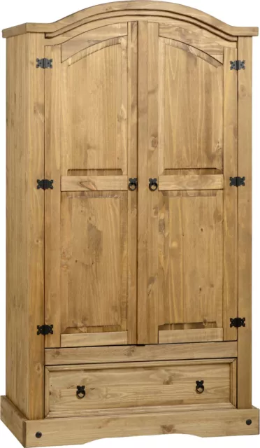 Solid Waxed Pine 2 Door 1 Drawer Wardrobe W104cm x D57cm x H189cm CORONA