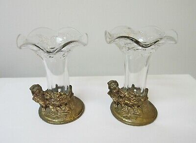 Pair Victorian Pressed Glass Vases Figural Metal Bases Girl