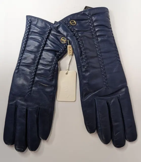 ELMA Cashmere Lined Midnight Blue Sheepskin Leather Gloves Women's Large NWT