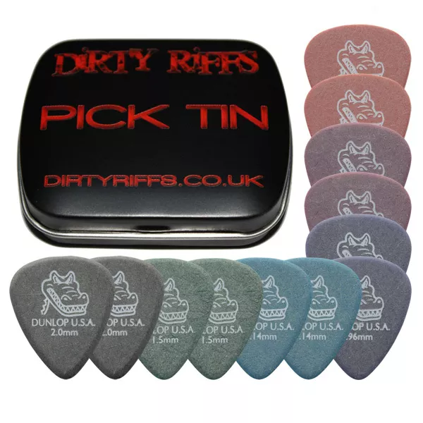 12 x Dunlop Gator Guitar Picks / Plectrums - 2 Of Each Size In A Handy Pick Tin