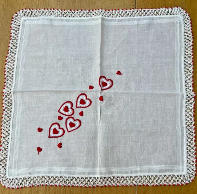 Cotton Hankie Handkerchief Embroidered Beaded Edge Valentine Hearts Cottage Core