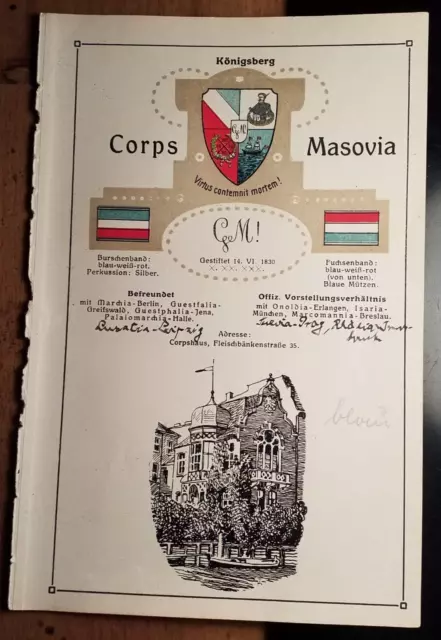 Corps Masovia Königsberg - Wappen Zirkel Haus - um 1910 - Tafel / Studentika